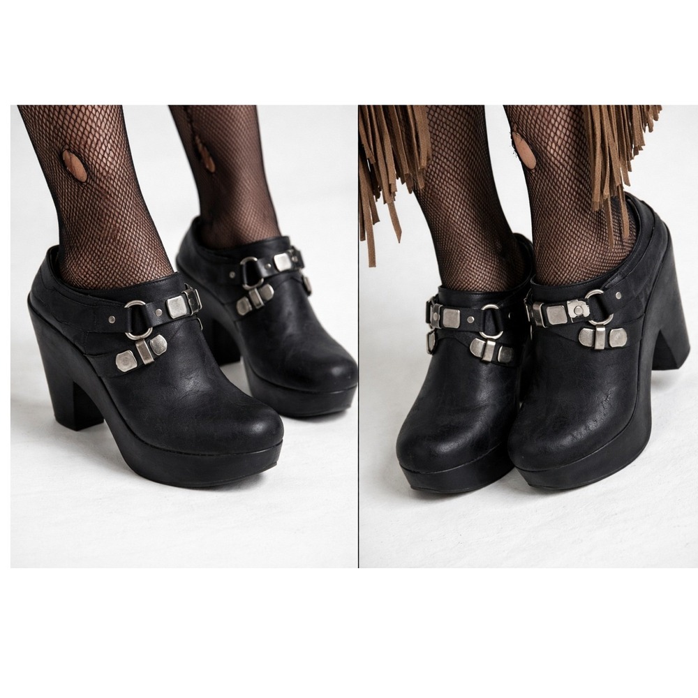 Bernardo Platform Easton Clog Mules 8M Black Leather Studded Faux Fur GrungeGoth
